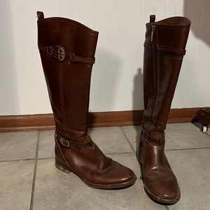 TORY BURCH Calista brown leather riding boots w/ gold tory logo accents size 8.5